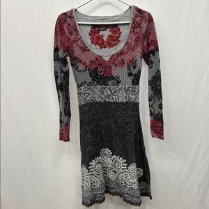 Desigual Red and Gray Long Sleeve Sheath Dress